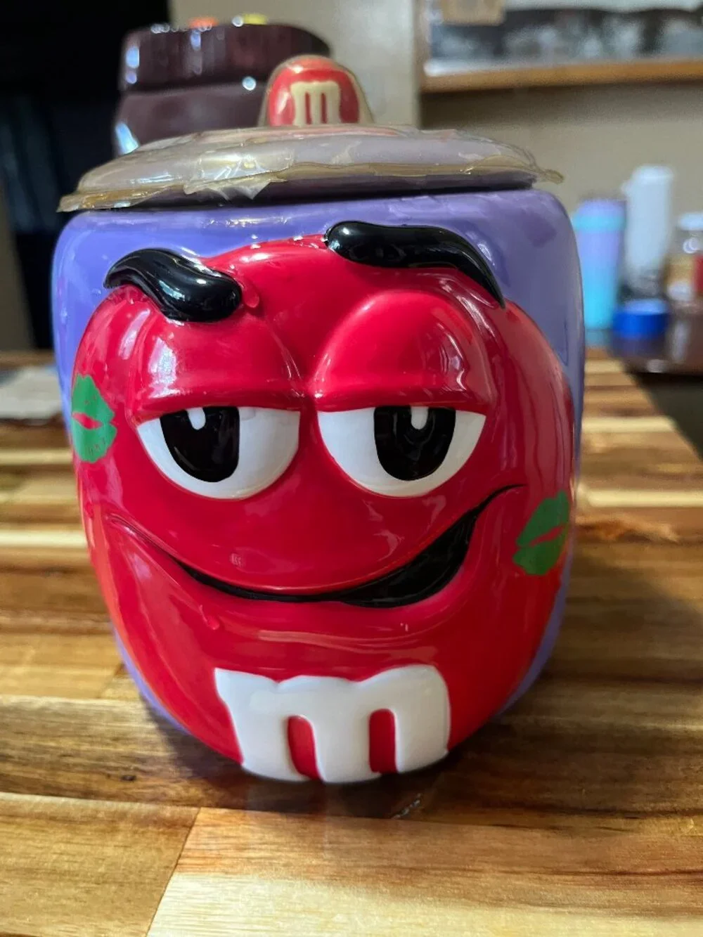 M&M Red Ceramic Cookie Jar Purple Body Vintage Candy Container